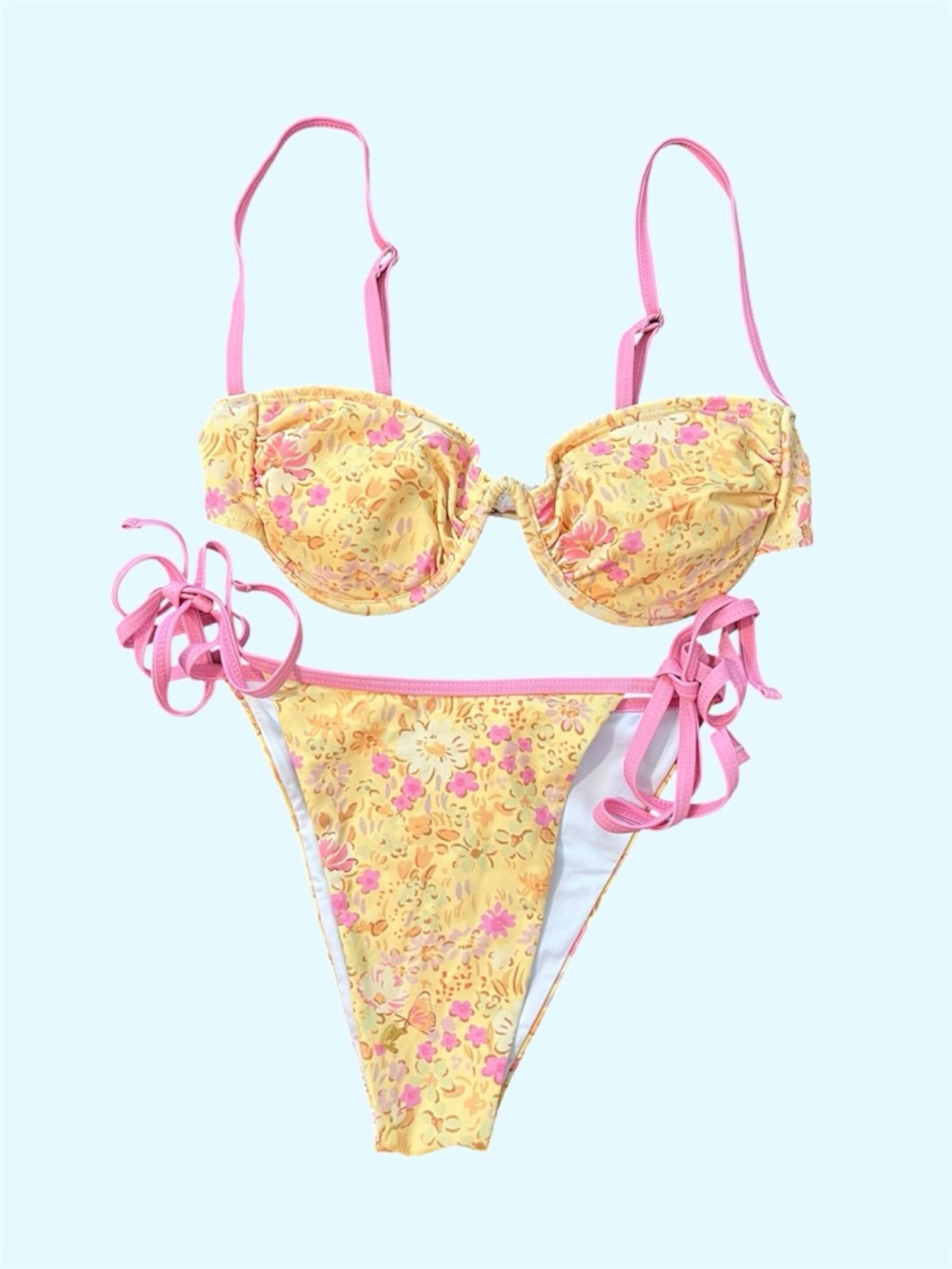 Cider Yellow Floral Bikini with Pink Straps size s